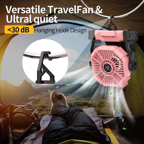 PINK 2-in-1 Portable Fan & Light, Quiet & Cool for Outdoor Use