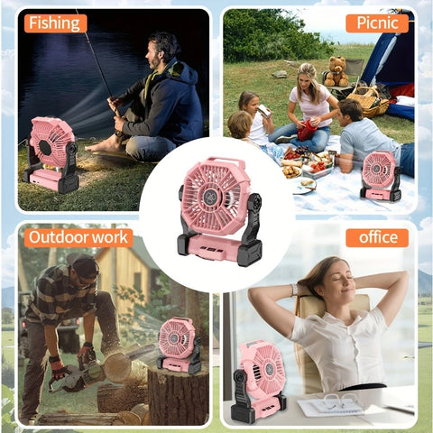 PINK 2-in-1 Portable Fan & Light, Quiet & Cool for Outdoor Use