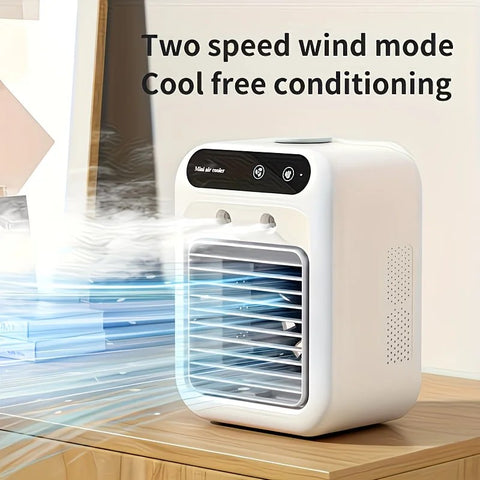 USB rechargeable mini air conditioning fan, supports USB/wireless charging. Features 3-speed wind, cooling, and humidification levels. Powered by a lithium battery, lightweight and compact, ideal for desktop cooling in both office and home settings.