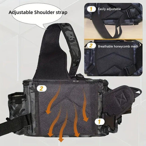 Camouflage Fishing Waist Bag – Large Capacity Multi-layer Partition, Side Pockets & Winding Strap for Full Loading, Breathable Shoulder Strap for Long-lasting Comfort(Black camouflage)