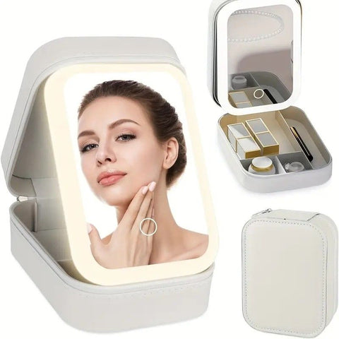Portable 3-Light LED Makeup Mirror with Organizer – Travel Vanity Case, Rechargeable Touch Control Makeup Box for Home & Travel(pink)