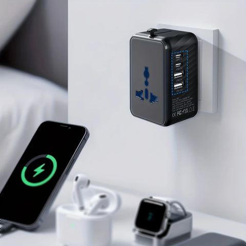 Universal Travel Adapter, Compatible with 200+ Countries, 4 USB Ports Fast Charging, Compact and Portable, Essential for Business Trips and Travel.black