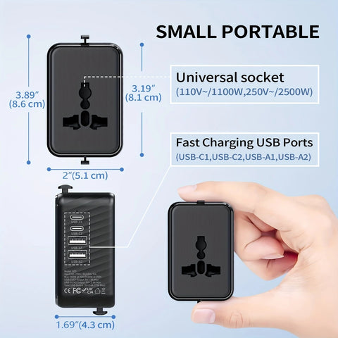 Universal Travel Adapter, Compatible with 200+ Countries, 4 USB Ports Fast Charging, Compact and Portable, Essential for Business Trips and Travel.black