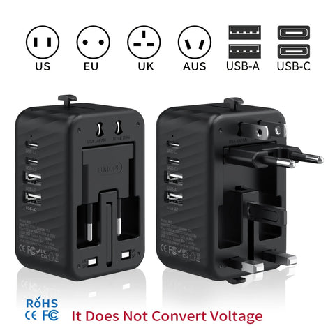 Universal Travel Adapter, Compatible with 200+ Countries, 4 USB Ports Fast Charging, Compact and Portable, Essential for Business Trips and Travel.black