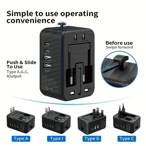 Universal Travel Adapter, Compatible with 200+ Countries, 4 USB Ports Fast Charging, Compact and Portable, Essential for Business Trips and Travel.WHITE