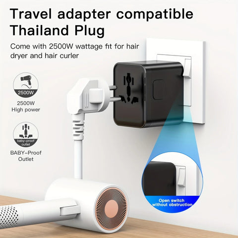 Multi-Country Travel Adapter, Compatible with 180+ Countries, 2500W High Power, Multiple Safety Protections