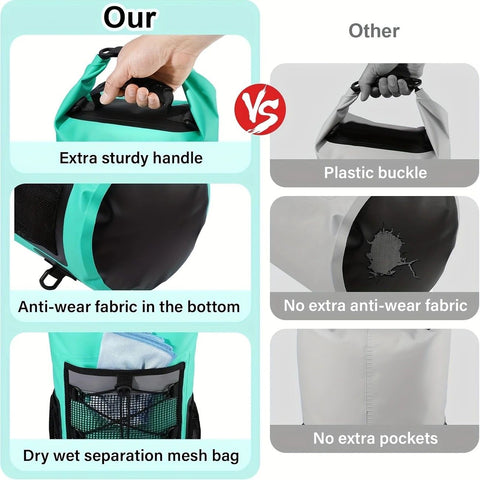 25L Large Capacity Waterproof Backpack Double Layer Rainproof Dry Wet Separation Abrasion Resistant Night Reflective for Outdoor Camping Kayaking Surfing Canyoning Daily Commute（pitch green）