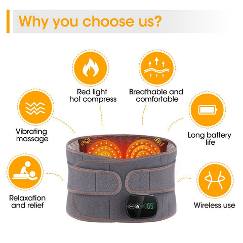 Heated Waist Belt with Vibration Massage – Infrared Heat Therapy, 3 Temp Levels, Rechargeable & Adjustable Strap (GREY)