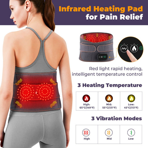 Heated Waist Belt with Vibration Massage – Infrared Heat Therapy, 3 Temp Levels, Rechargeable & Adjustable Strap (GREY)