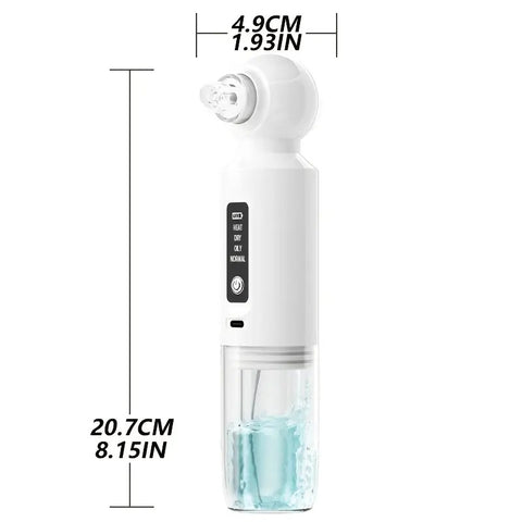 Six-head blackhead cleaner with electric vacuum suction for deep pore cleaning. USB-rechargeable mini bubble facial device features a 3-second long press to activate heating mode, maintaining a constant 46°C temperature.