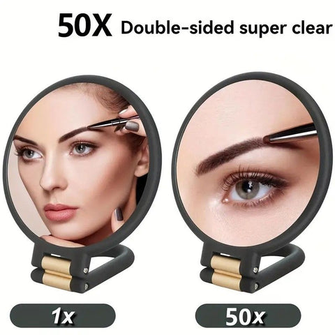 Double-sided Folding Makeup Mirror – 1X/50X Dual Magnification, 360° Rotatable and Foldable for Portability, Three Uses: Handheld, Desktop, Wall-mounted(black)