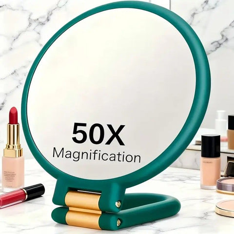 Double-sided Folding Makeup Mirror – 1X/50X Dual Magnification, 360° Rotatable and Foldable for Portability, Three Uses: Handheld, Desktop, Wall-mounted(black)
