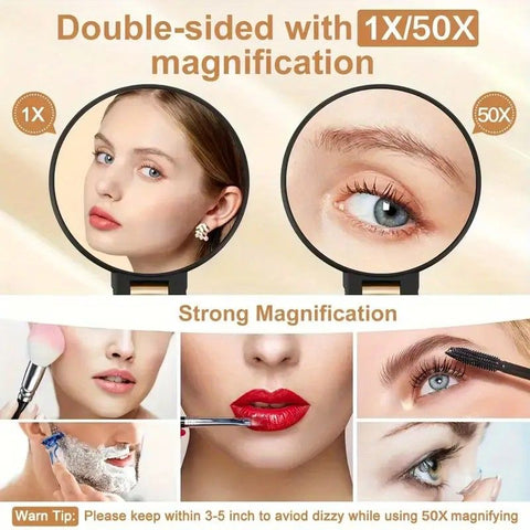 Double-sided Folding Makeup Mirror – 1X/50X Dual Magnification, 360° Rotatable and Foldable for Portability, Three Uses: Handheld, Desktop, Wall-mounted(WHITE)