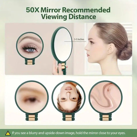 Double-sided Folding Makeup Mirror – 1X/50X Dual Magnification, 360° Rotatable and Foldable for Portability, Three Uses: Handheld, Desktop, Wall-mounted(PINK)