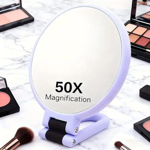 Double-sided Folding Makeup Mirror – 1X/50X Dual Magnification, 360° Rotatable and Foldable for Portability, Three Uses: Handheld, Desktop, Wall-mounted(GREEN)