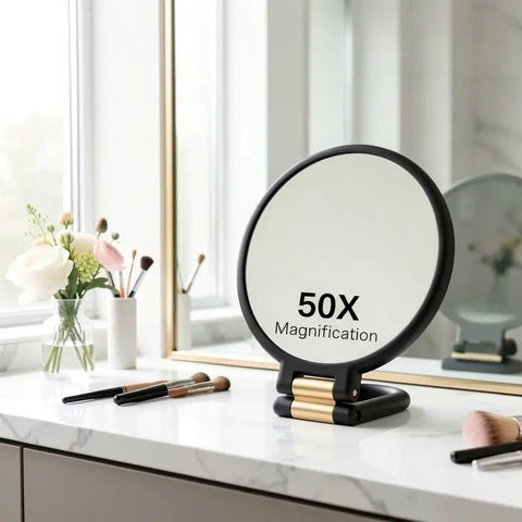 Double-sided Folding Makeup Mirror – 1X/50X Dual Magnification, 360° Rotatable and Foldable for Portability, Three Uses: Handheld, Desktop, Wall-mounted（purple）
