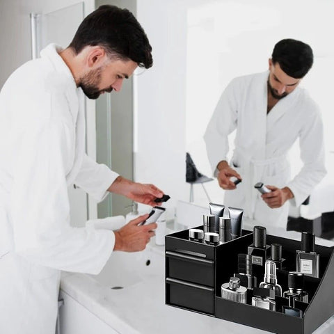 Black Mens Wash Bag & Vanity Organiser | 2 Drawer Acrylic Bathroom Storage for Grooming & Skincare