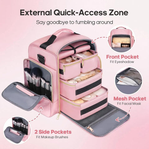 1pc Complete Travel Makeup Bag Set, Pink, Large Capacity Cosmetic Organizer with Detachable Pouch, Jewelry Storage Case