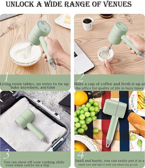 Green Wireless charging handheld mixer, 30W with three-speed settings. Dual whisk heads designed for whipping eggs, cream, and batter. Suitable for both kitchen and outdoor use, also an ideal gift.