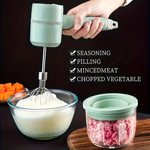 Green Wireless charging handheld mixer, 30W with three-speed settings. Dual whisk heads designed for whipping eggs, cream, and batter. Suitable for both kitchen and outdoor use, also an ideal gift.