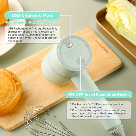 Green Wireless charging handheld mixer, 30W with three-speed settings. Dual whisk heads designed for whipping eggs, cream, and batter. Suitable for both kitchen and outdoor use, also an ideal gift.
