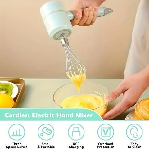 White  Wireless charging handheld mixer, 30W with three-speed settings. Dual whisk heads designed for whipping eggs, cream, and batter. Suitable for both kitchen and outdoor use, also an ideal gift.