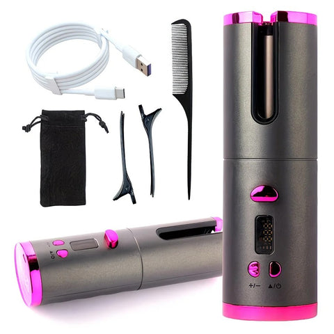 Gray gold Automatic Hair Curling Wand, Tangle-Free Design, Portable USB Charging Rotating Curling Iron with Ceramic Barrel, Suitable for Long Hair, Fast, Ideal for Hairstyling