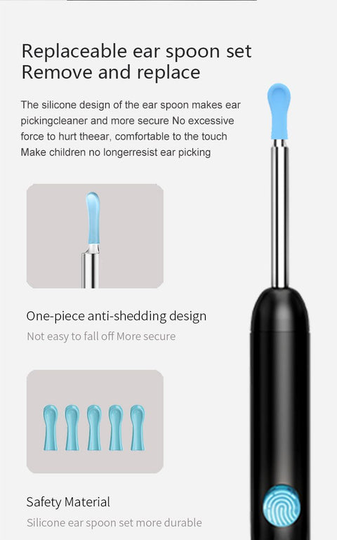 8-Piece Smart Visual Ear Cleaner, 1080P HD AI Warning, IP67 Waterproof Silicone Soft Tip, Safe and Comfortable Comfortable(black)