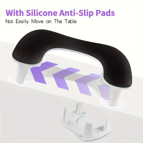 BLACK This handheld nail care device integrates a U-shaped pillow and comes with a portable detachable stand. Designed with an inclined PU material and a sturdy base, it is crafted for both comfort and portability.