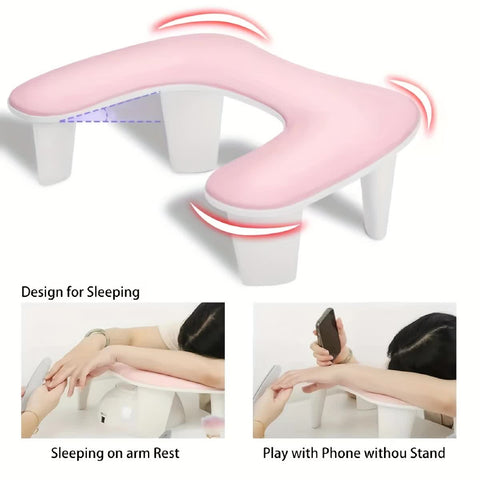 BLACK This handheld nail care device integrates a U-shaped pillow and comes with a portable detachable stand. Designed with an inclined PU material and a sturdy base, it is crafted for both comfort and portability.