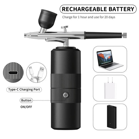 Black Portable Wireless Airbrush Kit, Versatile for Nail Art, Painting, Makeup, and Model Making