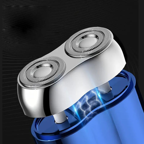 Blue Men's Mini Electric Shaver, with USB-C Fast Charging, detachable dual-head system, portable design ideal for travel and business trips.