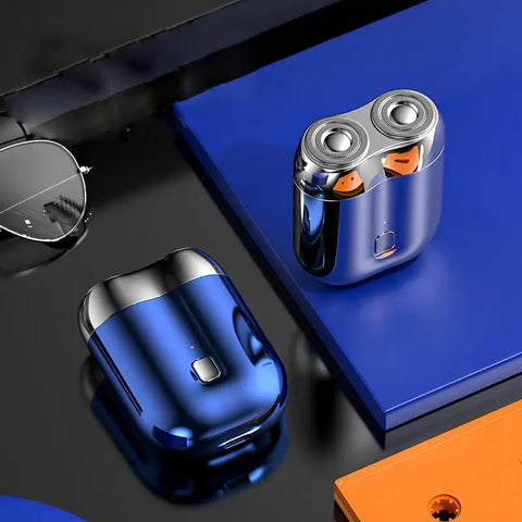 Blue Men's Mini Electric Shaver, with USB-C Fast Charging, detachable dual-head system, portable design ideal for travel and business trips.