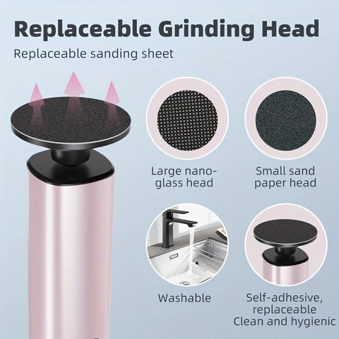 Grey Electric Foot File: 3-Speed Adjustable Nano-Level Filing, Type-C Fast Charge, Long Battery Life, Washable & Replaceable Heads, At-Home & Travel Foot Renewal Care