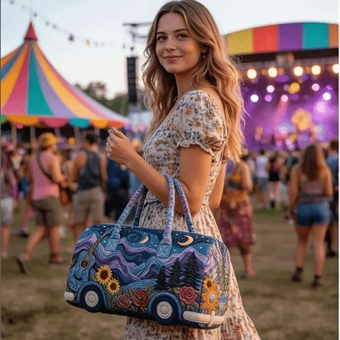 Bohemian style vintage embroidered travel bag, made of lightweight and durable polyester, with a capacity under 20L, featuring eye-catching starry sky and mountain patterns, essential for music festivals and gym outings.(18 inches *9IN*9 inches)