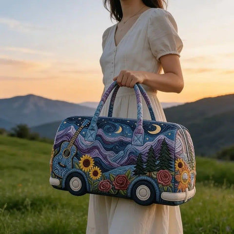 Bohemian style vintage embroidered travel bag, made of lightweight and durable polyester, with a capacity under 20L, featuring eye-catching starry sky and mountain patterns, essential for music festivals and gym outings.((16X8X8) inch)