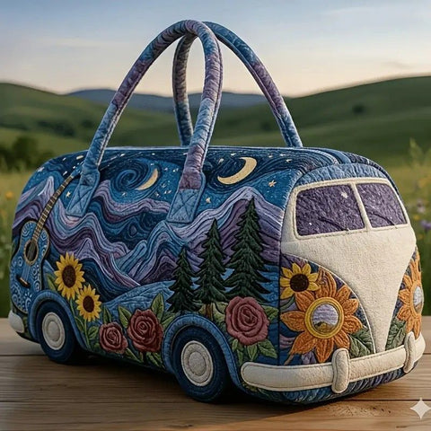 Bohemian style vintage embroidered travel bag, made of lightweight and durable polyester, with a capacity under 20L, featuring eye-catching starry sky and mountain patterns, essential for music festivals and gym outings.((16X8X8) inch)