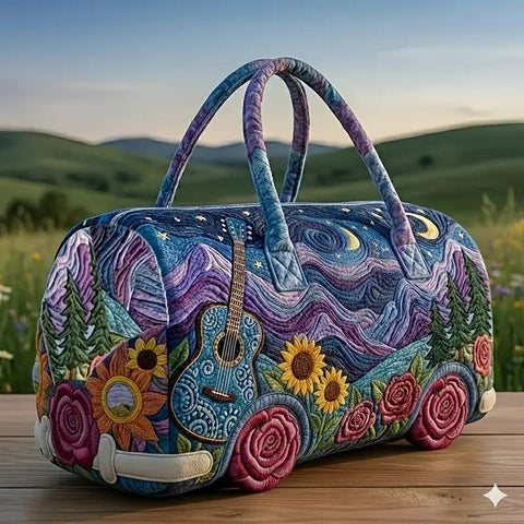 Bohemian style vintage embroidered travel bag, made of lightweight and durable polyester, with a capacity under 20L, featuring eye-catching starry sky and mountain patterns, essential for music festivals and gym outings.((16X8X8) inch)