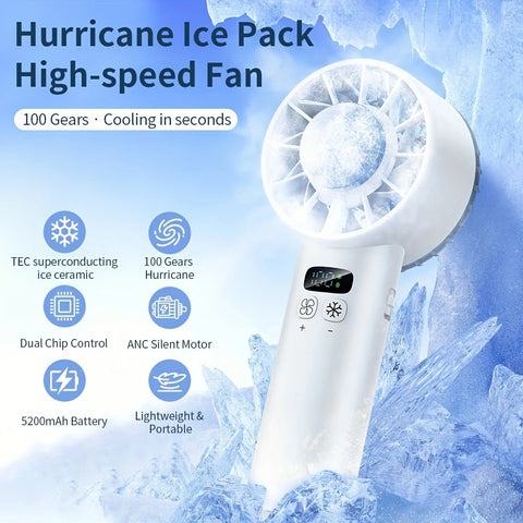 White Hurricane Ice-Bag High-Speed Fan｜100-Speed Adjustable, Second-Level Cooling, Lightweight and Portable Summer Travel Essential