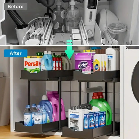 BLACK Two-tier pull-out storage rack. An organizational lifesaver for under the kitchen sink. Features adjustable shelves for easy storage of bottles and jars. In a sleek, modern design. Perfect as a kitchen shelf, bathroom organizer, or household storage