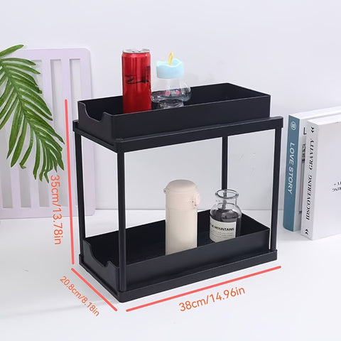 BLACK Two-tier pull-out storage rack. An organizational lifesaver for under the kitchen sink. Features adjustable shelves for easy storage of bottles and jars. In a sleek, modern design. Perfect as a kitchen shelf, bathroom organizer, or household storage