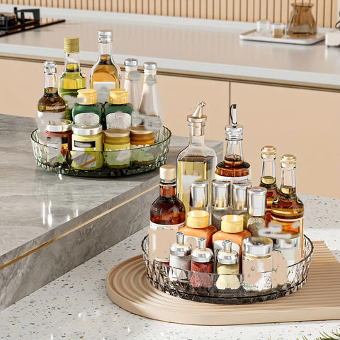 2PCS Acrylic Lazy Susan Organizer with Diamond Design | 360° Rotating Makeup & Vanity Tray | Modern Kitchen & Bathroom Storage（Transparent white）