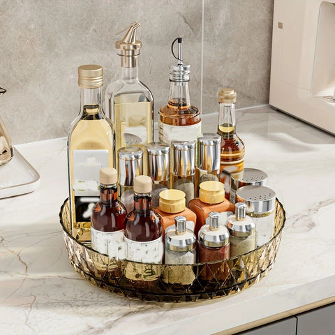 2PCS Acrylic Lazy Susan Organizer with Diamond Design | 360° Rotating Makeup & Vanity Tray | Modern Kitchen & Bathroom Storage（Transparent white）