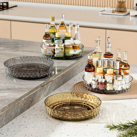 2PCS Acrylic Lazy Susan Organizer with Diamond Design | 360° Rotating Makeup & Vanity Tray | Modern Kitchen & Bathroom Storage（Transparent green）