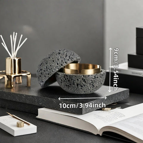 Nordic industrial style concrete ashtray, handcrafted with natural texture, detachable stainless steel bowl with anti-ash lid — easy to clean, durable, suitable for living rooms, bars, offices, ideal gift for Father’s Day, Christmas, housewarming.（BLACK)
