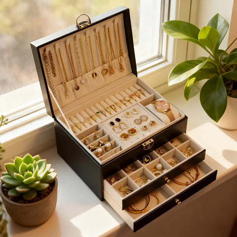 BLACK Multi - layer Jewelry Storage Box: Velvet Lining, Three - layer Zoning, Double - drawer Storage for Accessories