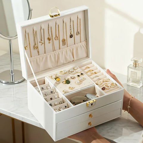 White Multi - layer Jewelry Storage Box: Velvet Lining, Three - layer Zoning, Double - drawer Storage for Accessories