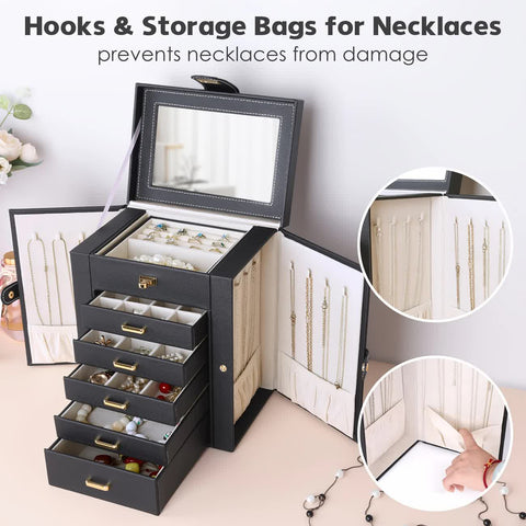 Women's Multi-functional Jewelry Box: Built-in Mirror, Multi-layer Drawer Storage, Side Hooks to Prevent Tangling and Protect Accessories.black