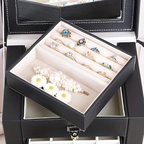 Women's Multi-functional Jewelry Box: Built-in Mirror, Multi-layer Drawer Storage, Side Hooks to Prevent Tangling and Protect Accessories.black