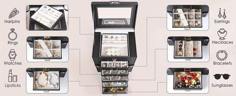 Women's Multi-functional Jewelry Box: Built-in Mirror, Multi-layer Drawer Storage, Side Hooks to Prevent Tangling and Protect Accessories.black